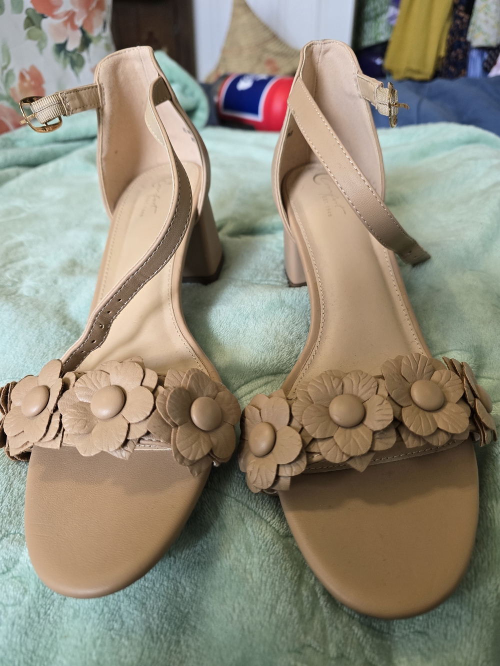 Neutral Floral Ankle-Strap Block Heels in Beige - Picture 2 of 11